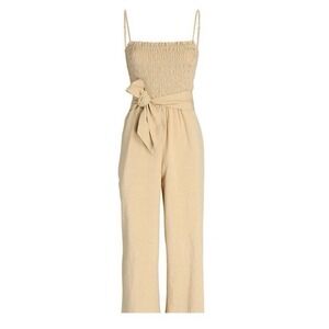 Shoshanna Beige Smocked Jumpsuit 2 Wide Leg Tie Waist Boho Summer Romper